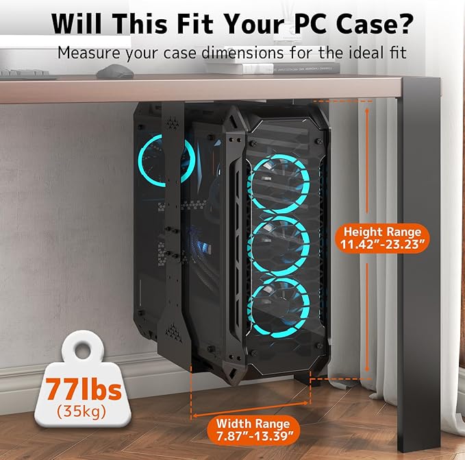 PUTORSEN Under Desk PC Mount, 7.9-13.4’’ Width Adjustable Computer Tower Stand, up to 77 lbs, with Protective Mats, for Mid/Mini-Tower Case in Office,Gaming, Laboratory and Home, Black
