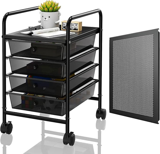 4-Tier Utility Cart with 4 Drawers, Rolling Utility Cart with 2 Lockable Caster Wheels, Multipurpose Mobile Rolling Drawer Cart for Office Bathroom Kitchen, Transparent Black