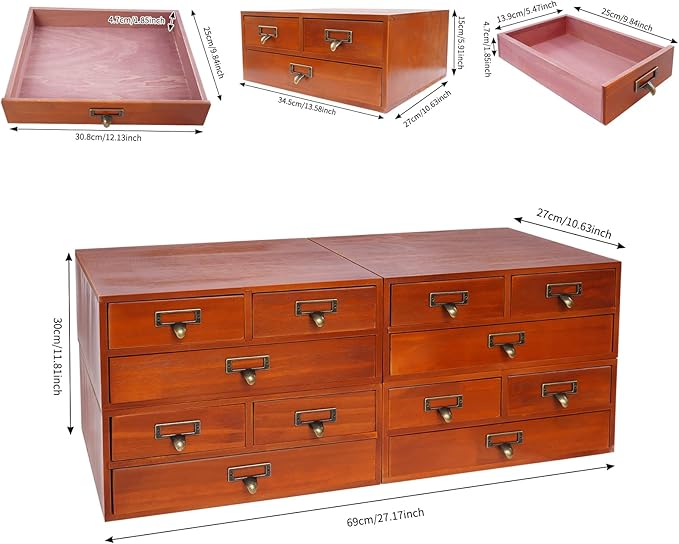 12 Drawers Apothecary Cabinet, 4-Pack Wood Tabletop Medicine Cabinet, Vintage Desktop Drawer Library Card Catalog Cabinet Wooden Chest Drawer Organizer for Tea Herbs Jewelry Stationery (Brown)