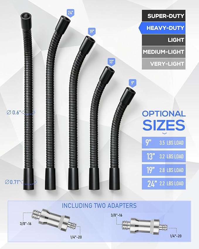 Heavy-Duty 13" Flexible Gooseneck Arm Extension Tube Bar Rod Kit Flex Mount with 1/4" & 3/8" Threads for Mobile Phones Cameras Mic Lighting and More Fits Most Stands Tripods Rigs Grips and Clamps