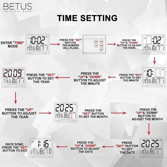 Betus Digital Travel Alarm Clock - Foldable Calendar Temperature Timer LCD Clock with Snooze Mode - Large Number Display, Battery Operated - Compact Desk Clock(Silver, No Backlight)