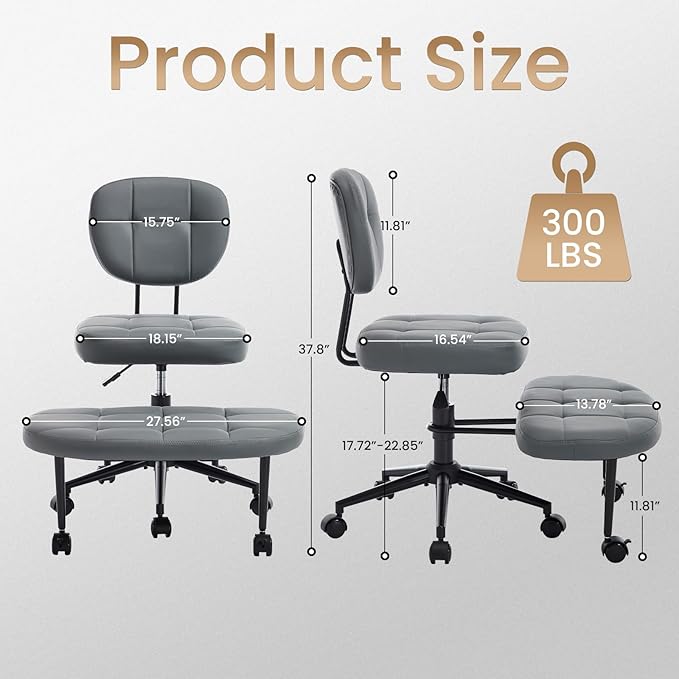 Criss Cross Chair Armless Office Chair for Cross Legged Sitting, 300lb Heavy Duty Ergonomic Desk Chair for ADHD, Adjustable Meditation Yoga Kneeling Chair with Brake Wheels for Home Office (Grey)