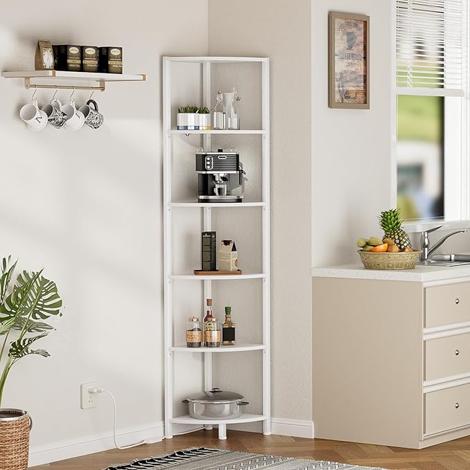 Furnulem 6 Tier Corner Shelf with LED Light, 67.5” Tall Standing Shelf Organizer, White Narrow Bookshelf with Storage Rack for Wall Corner, Living Room, Bedroom, Metal Frame, Wood Display Shelf