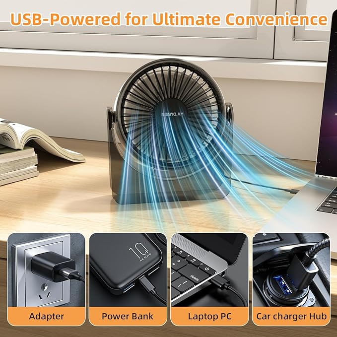 USB Desk Fan, 6Inch Portable Table Fan, 3 Speeds Quiet Powerful Cooling,Personal Mini Small Fan with Adjustable Tilt for Desk Bedroom Home Office Car Table Travel, No Battery, Black