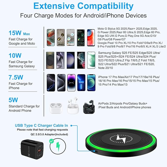 for Samsung Wireless Charger Fast Charging Pad for Samsung Galaxy S26 Ultra S25 FE S25 S24 Plus S23 Z Flip7,Android Phone Wireless Charging Station Cargador Inalámbrico Para for iPhone 17 with Adapter