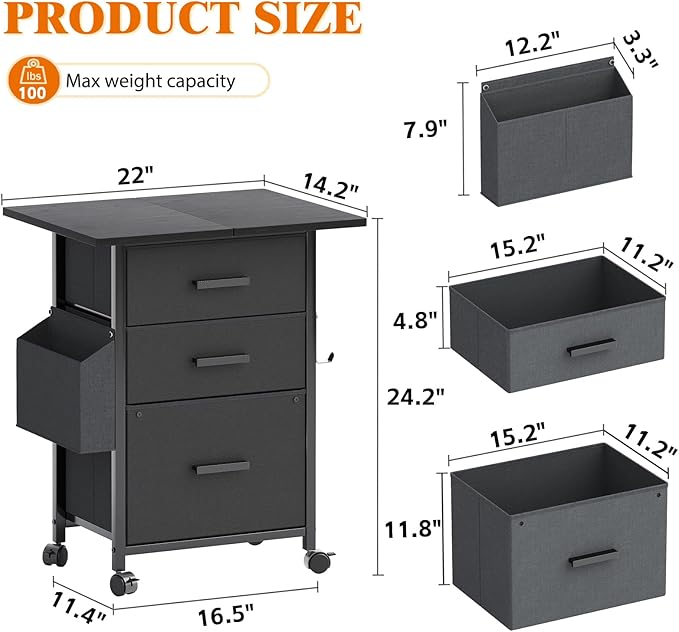 Mexin 3 Drawer File Cabinet with 24'' Extended Desktop, Mobile Filing Cabinet, Printer Stand, Rolling Printer Stand with Side Bag, Fabric Drawer, Fits A4 Size, Home Office, Black