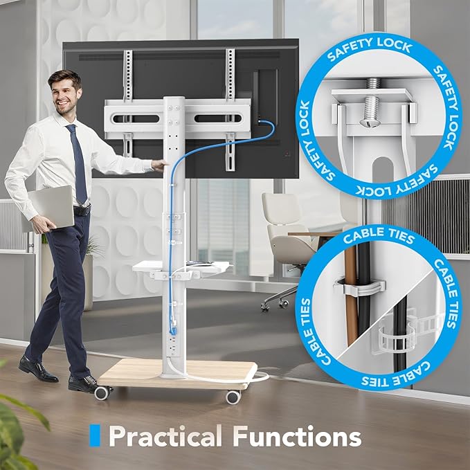 AX WABER Mobile TV Stand with Power Outlets&Shelf, Floor Portable TV Stand with Wheels for 27-65Inch LCD LED OLED Flat/Curved Panel Screen, Swivel,Height Adjustable&Wood Base, RollingTV Cart White