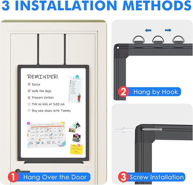 Magnetic Dry Erase Board for Doors, 36x24 Inch Whiteboard with Adjustable Long Arm Hook Mount - Easy to Install, Portable Hanging White Board for Home, Dorm Room, Office Cubicle & Small Spaces(Black)