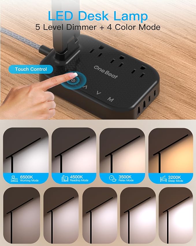 One Beat Small LED Desk Lamp Power Strip 10ft Extension Cord, 3 Outlets 4 USB Ports(2 USB C), 4 Modes, 5 Level Touch Lamp, Study Reading Light, Home Office Bedroom College Dorm Room Essentials, Black