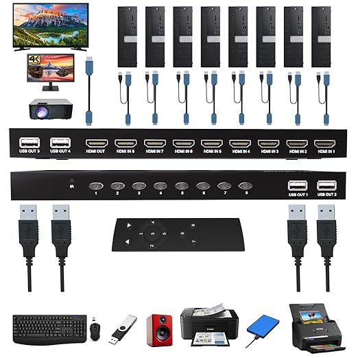 KVM Switch HDMI 8 Port - HDMI Switch with Remote- USB Switch Selector for 8 Computers Share Keyboard Mouse Printer,Flash Drive,HD Monitor, Support 4K@60Hz, 8 KVM Cables 1 Remote Included