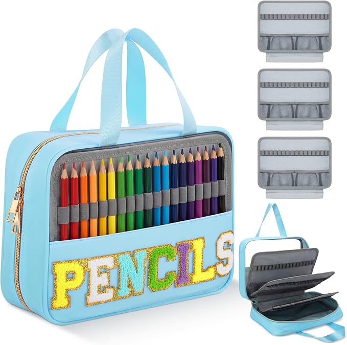 Hillban 108 Slots Large Colored Pencil Case with Chenille Letter Patch Extra Large Capacity Interlayer Pencil Holder Organizer with Handle Zipper Portable Storage Bag Graduation Gift for Artist(Blue)