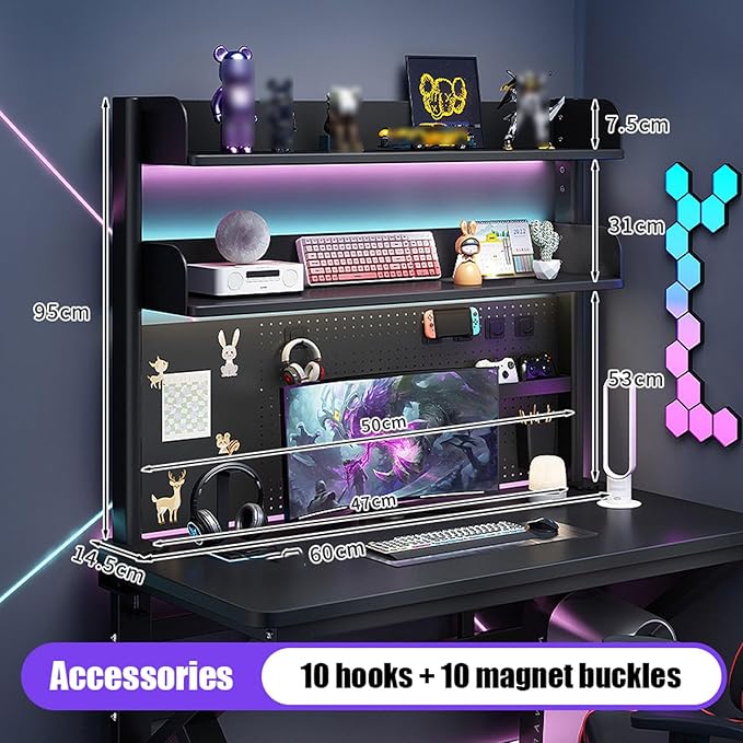 Clamp-on Desktop Shelving Unit with Adjustable Metal Storage Tray Clip On Shelving Unit for Desktop Accessories, Clamp-on Desk Shelf with Perforated Board and Hooks (3 Layers-h 95cm-L80cm)