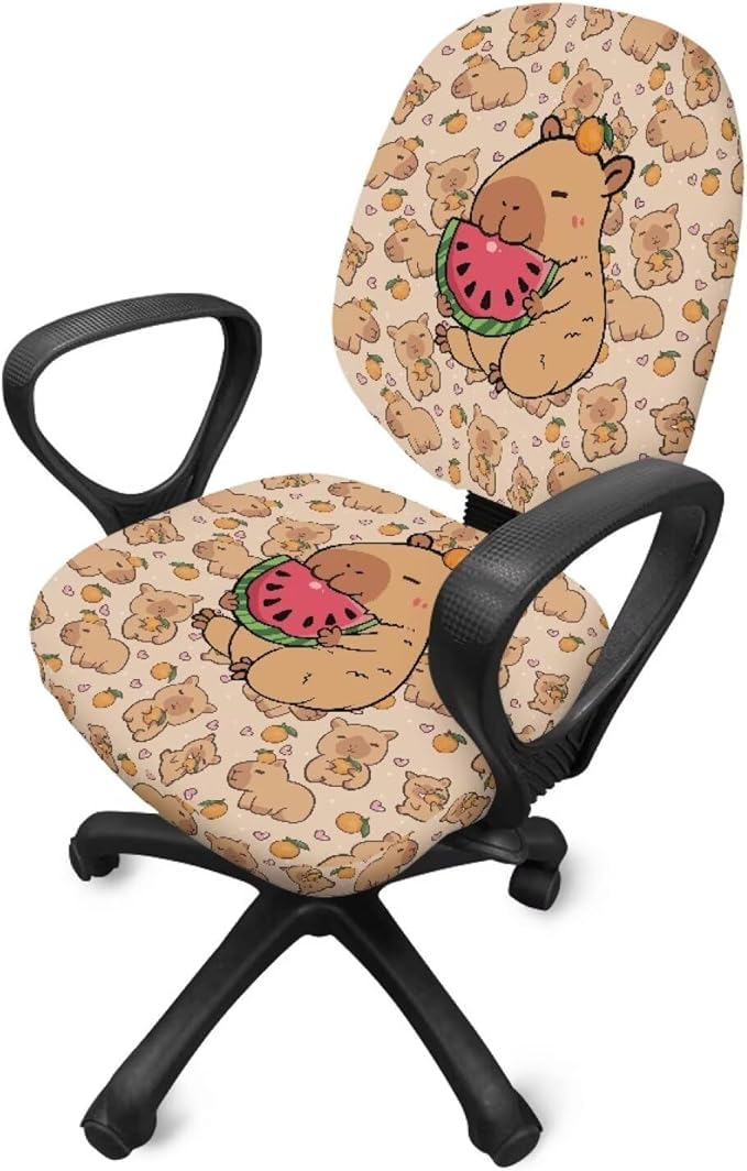 Capybara Computer Chair Cover Stretchable Office Chair Covers 2 Piece Universal Fit Most Wheelchairs,Computer Chairs,Gaming Chairs Washable Slipcovers Protector Brown