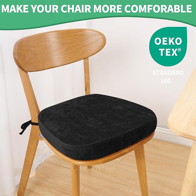 2.5" Thick Chair Cushions for Dining Chair, Corduroy High Density Foam Kitchen Chair Pads, U Shaped Indoor Seat Cushions with Ties & Non-Slip Backing, Washable Cover, 17''x16.5'', Black