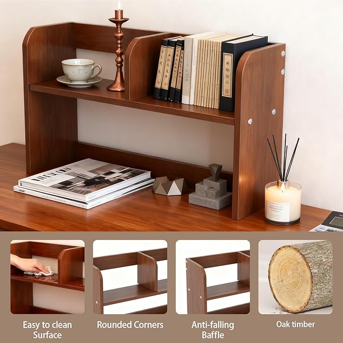 Desktop Bookshelf,Wood Desk Organizer Shelf with 2-Tier Display Rack for Computer Table,Multipurpose Countertop Storage Hutch for Home Office Dorm,Walnut