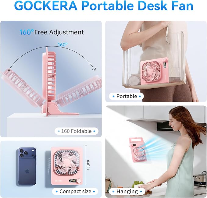 Desk Fan, 6.61''Ultra-thin Battery Powered Fan with Powerful Wind,100 Speeds Adjustable&Digital Display,Timer,Ultra-quiet Small Portable Fan for Bedroom,Office,Travel (White and Pink, 5000mAh)