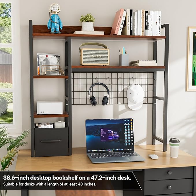 Desk Hutch for Computer Monitor,Desktop Bookshelf Organizer,4 Tier Desk Hutch with Grid Panel,38.6" Desk Shelf Storage Rack for Home Office,Study,Dorm,Black