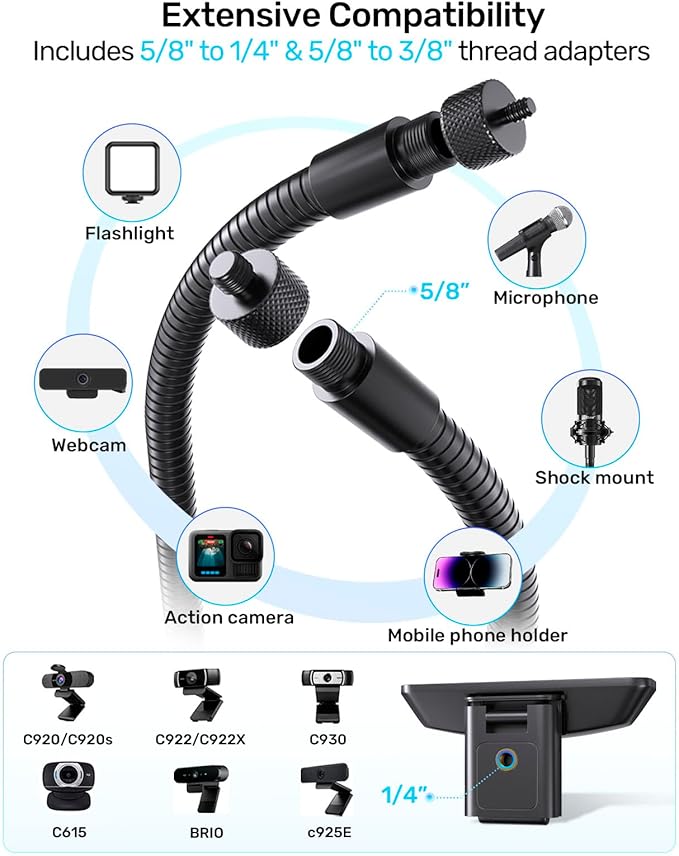 19-inch Gooseneck Webcam Mount Stand for Desk, Heavy-Duty Table Clamp & Flexible Arm for Logitech Webcam BRIO 4K C920 C920s C922 C922x C925e C930 C930e C960 C615 NexiGo N60, Cam with 1/4" Thread