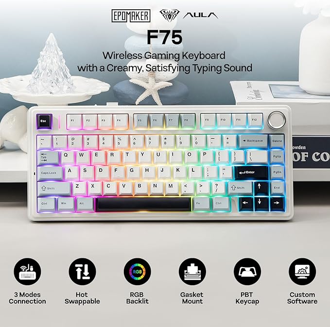 EPOMAKER x Aula F75 Gasket Mechanical Keyboard, 75% Wireless Hot Swappable Gaming Keyboard with Five-Layer Padding&Knob, BT/2.4GHz/USB-C, RGB (Light Blue, LEOBOG Reaper Switch)