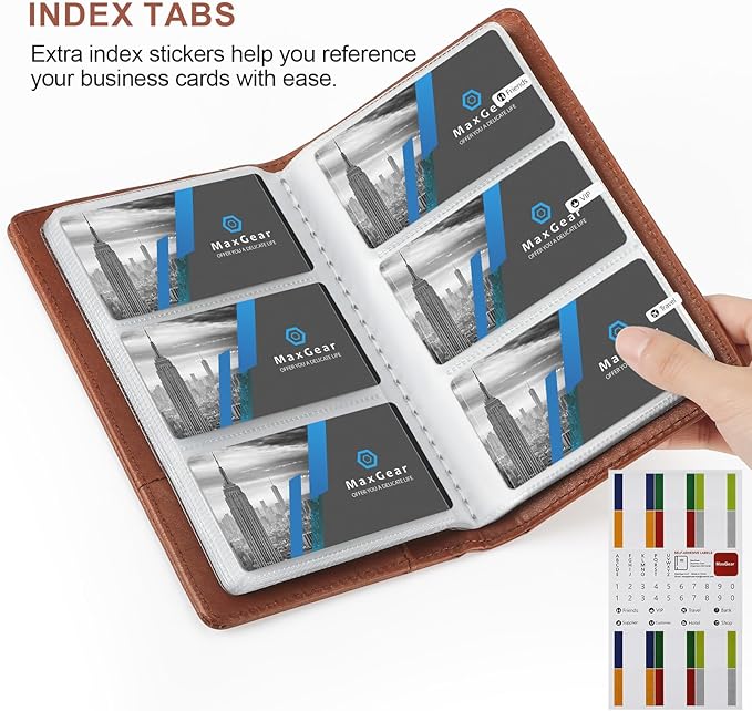 MaxGear Business Card Organizer Book, Holds 240 Cards, Portable PU Leather Business Card Holder with Clear Sleeves, Professional Card Binder for Office, Meetings, Networking, Coffee
