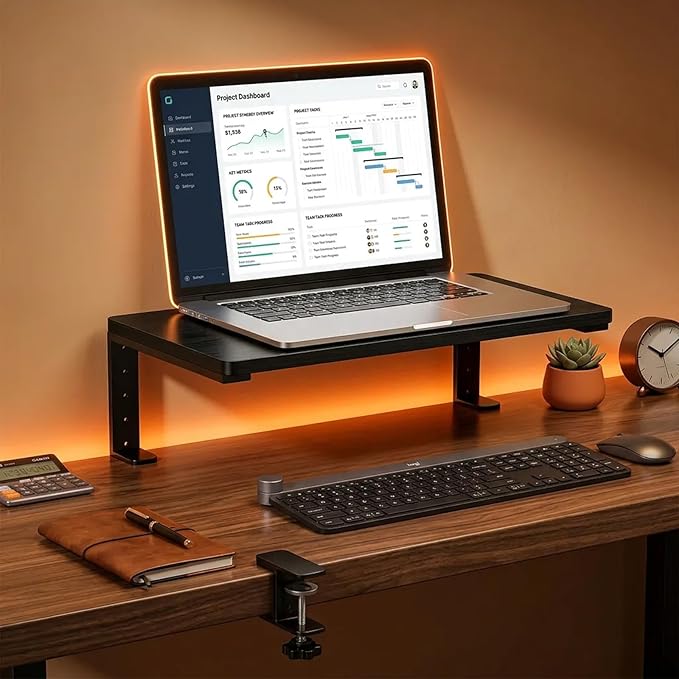 Clamp-On Desk Extender & Monitor Riser Shelf, Heavy Duty 44lbs Load, Adjustable Height, No Drill Installation for Office, Gaming PC & Home Workspace (Black)