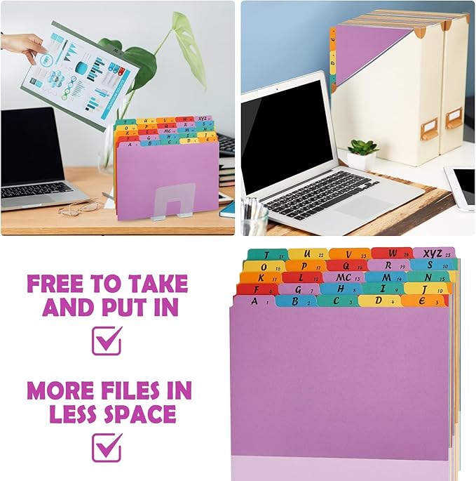 1 Set A-Z Alphabetic and Number Top Label Files, Legal Size, 25 Sheets File Dividers 1/5 Cut Label File Cabinet Dividers Desk Organizer for Office, Home and School (Rainbow)