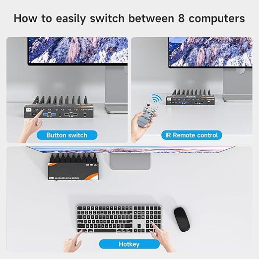 KVM Switch 8 Computers 1 Monitor HDMI 4K@60Hz, Reyoten USB 3.0 HDMI KVM Switch for 8 Computers Share 1 Monitor and 4 USB Devices with Hotkey, KVM Switches with IR Remote Control