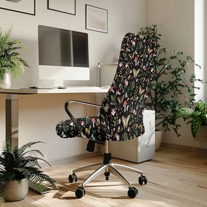 Talayituse Butterfly Mushroom Flower Print Office Chair Cover Jacquard Armrest Swivel Chair Slipcovers Removable Stretch Universal Computer Chair Cover, L