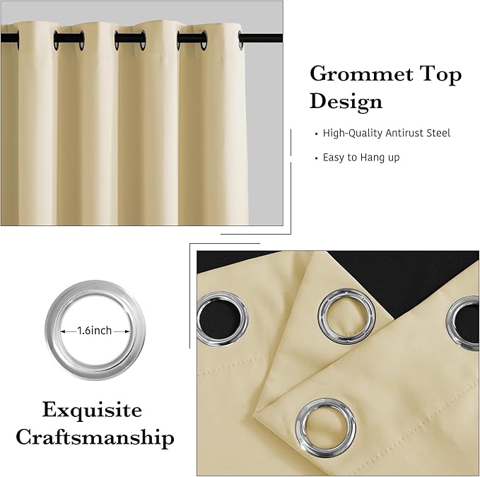 RYB HOME Extra Wide 100% Blackout Patio Door Curtain 96 inch Long, Grommet Room Darkening Room Divider Drapes, Sliding Door Curtains for Living Room/Bedroom Large Window, Beige, W100 x L96