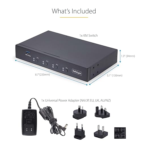 StarTech.com 4-Port KM Switch with Mouse Switching, USB 3.0 Switcher, Keyboard/Mouse Sharing, 3.5mm/USB Audio, TAA Compliant