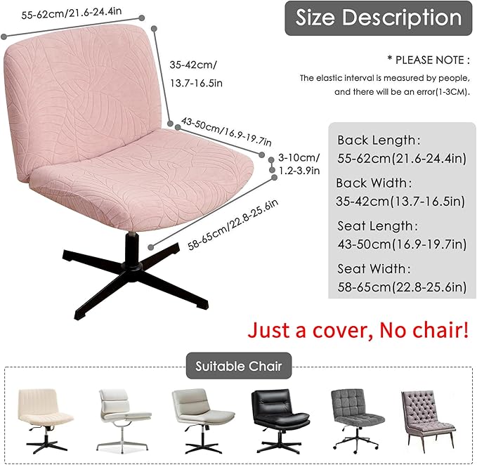Criss Cross Desk Chair Cover Pink Jacquard Leaf Stretch Armless Vanity Chair Slipcover 1 Piece Water-Resistant Washable