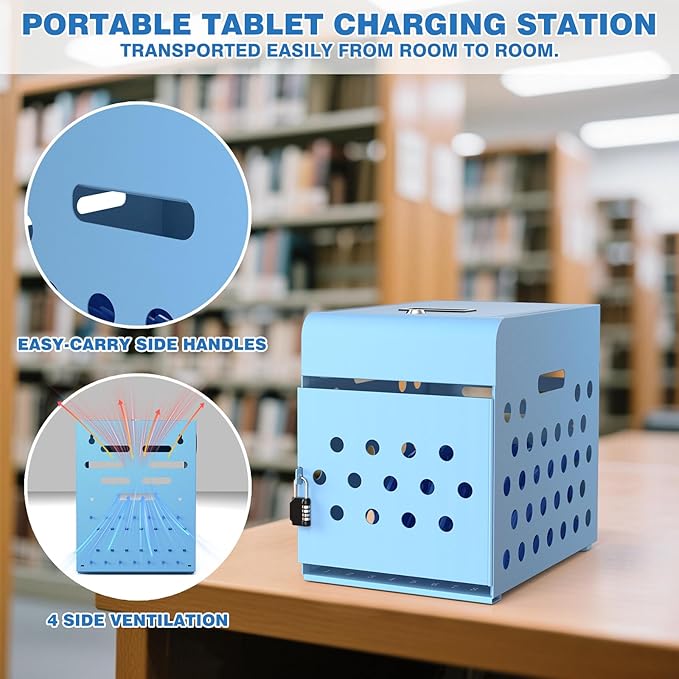 POCHAR 8-Device Chromebook Charging Cabinet for Classroom - Laptop Lock Box for iPad Tablet Fits 14" Screen - Portable Locking Charging Station for Schools, Offices, Hospitals (Blue)