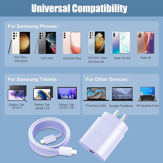USB C Charger,25W Super Fast Charging Block Phone Charger Android &Fast Charger Type C 10Ft Cable Cord for Samsung Galaxy S26/S25/S24/S24+/S24 Ultra/S23/S23+/S23Ultra/S22/S22+/S22Ultra/S21/S20/Note 20