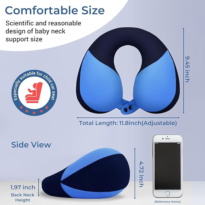 COOLBEBE Kids Travel Neck Pillow, 2PCS Softly Headrest Travel Pillow for Car & Airplane, Traveling Gifts for Toddler & Children (Black & Blue)