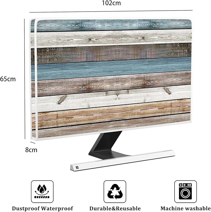 Retro Old Wood Board Waterproof Screen TV Dust Cover 40,41,42,43 Inch Weatherproof Dust-Proof Television Covers Sleeve Compatible with LCD LED PC Desktop and Home Hanging TV Decorations