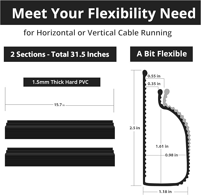 Cable Management Under Desk, 32in (2x15.75in) J Channel, Self Adhesive Cable Raceways Channel, Easy to Install Cord Cover Hider Desk Cord Organizer Electrical Black