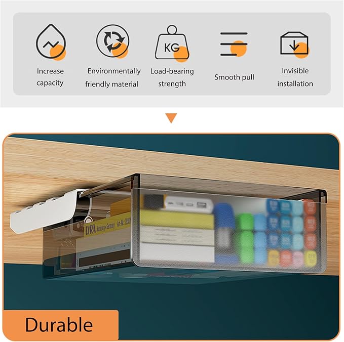 2 Pack Under Drawer Organizer, Slide Out Under Desk Storage, Self-Adhesive Drawer Attachment for Office, School, Home, Hidden Desktop Organizer for Office Supplies & Home Essentials (Black)