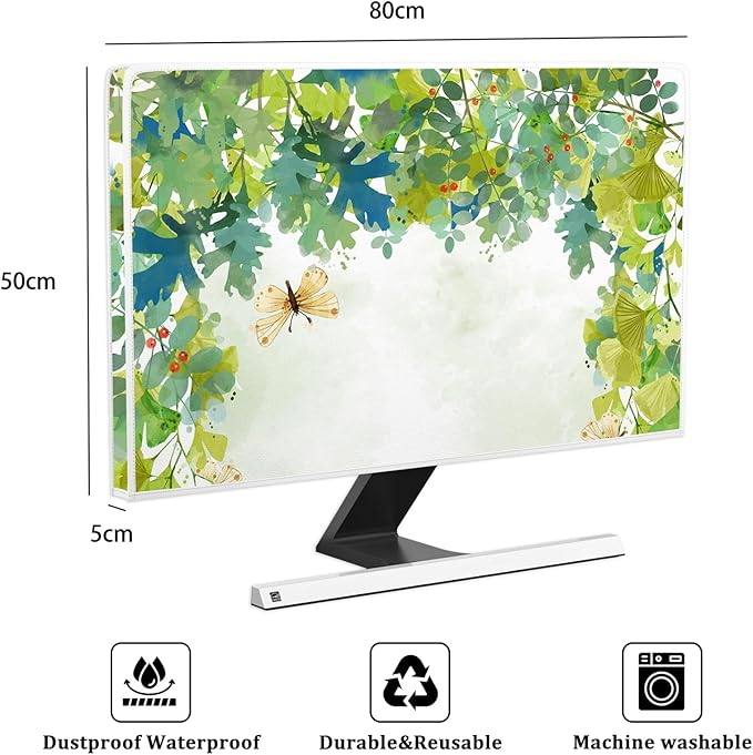 Watercolor Forest Waterproof Screen TV Dust Cover 32 Inch Spring Summer Botanical Butterfly Dust-Proof Television Covers Anti-Static Anti-Scratch Protective Cover for Desktop TVs Hanging TV
