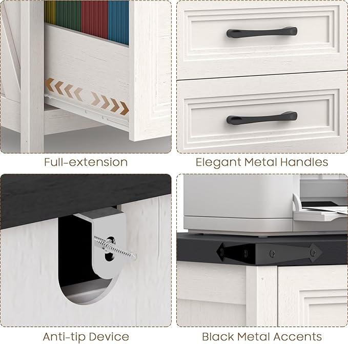 Vabches 3 Drawer Vertical File Cabinet, Wood Farmhouse Filing Cabinet Fits A4/Letter Size, Under Desk Small File Cabinets Printer Stand with Storage for Home Office, White and Black