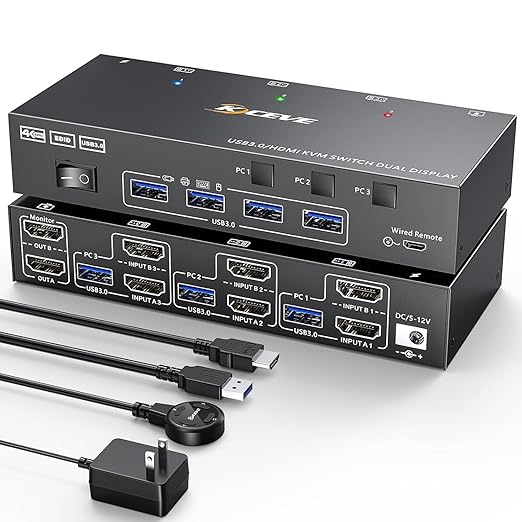 3 Computers 2 Monitors KVM Switch, Reyoten HDMI2.1 KVM Support 4K@60Hz 2K@144Hz USB 3.0 KVM Switches Share 2 Monitors and 4 USB 3.0 Ports, Support EDID Emulator【HDMI Port Only】