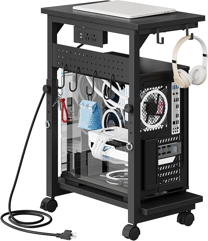 CHOEZON Computer Tower Stand, Height Adjustable PC Holder on Wheels, Computer Stand with Power Outlet, Under-Desk PC Cart with 6 Hooks, Movable Side Table, for Living Room, Office, Black TCJ50UBB