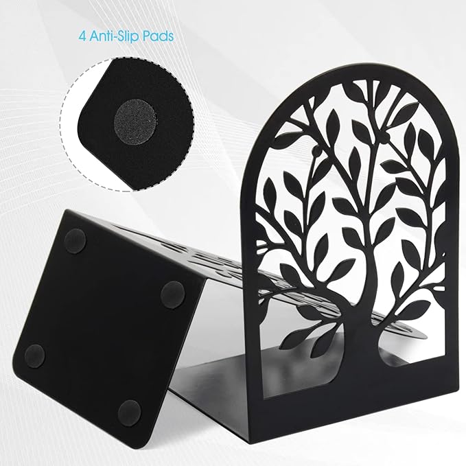 HappyHapi Book Ends, Metal Bookends for Shelves Decorative, Tree Stopper for Heavy Books, Black Ends to Hold Books for Home Office, 6.5 X 4.7 X 3.5 Inch(3 Pairs/6 Pcs, Large)