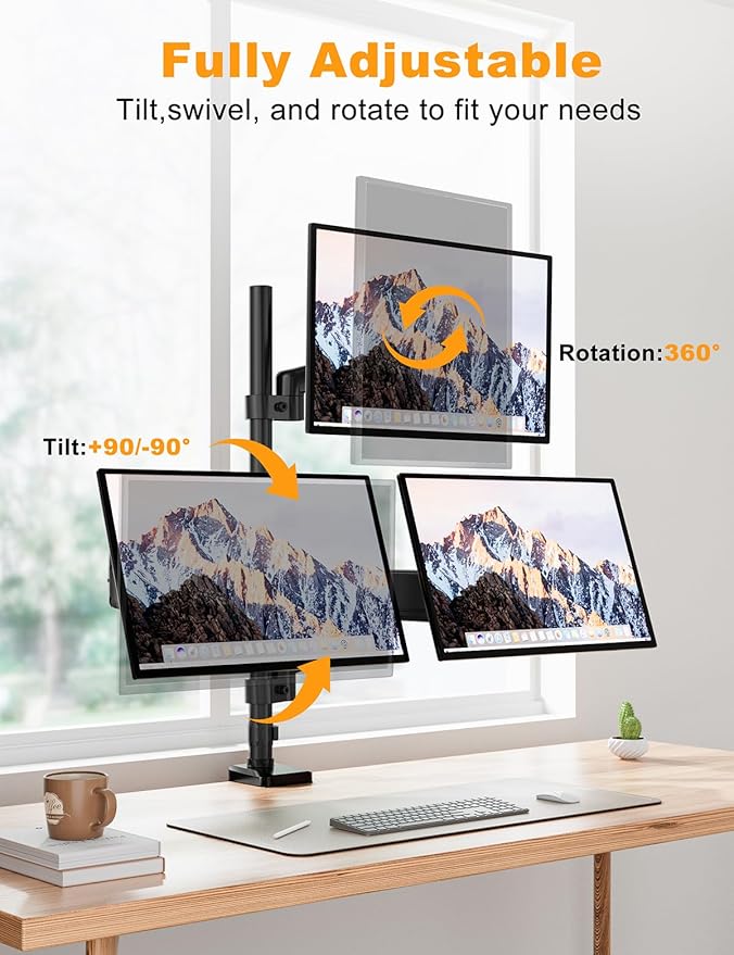 Triple Monitor Mount for 13-32 Inch Screens, Gas Spring Adjustment Triple Monitor Stand Holds 17.6lbs per Arm, Tilt, Swivel, Rotation with Clamp & Grommet Kit, Max VESA 100x100mm FORGIGN Mount