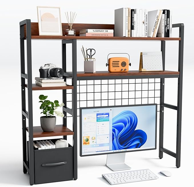 Desk Hutch for Computer Monitor,Desktop Bookshelf Organizer,4 Tier Desk Hutch with Grid Panel,38.6" Desk Shelf Storage Rack for Home Office,Study,Dorm,Black