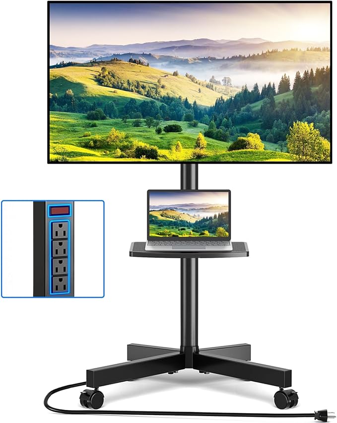 Rfiver Mobile TV Cart with Power Outlet, Rolling TV Stand for 23-65 Inch LCD LED OLED Flat Panel Curved Screen TVs up to 88 lbs, Height Adjustable Portable TV Stand with Wheels, Max VESA 400x400mm