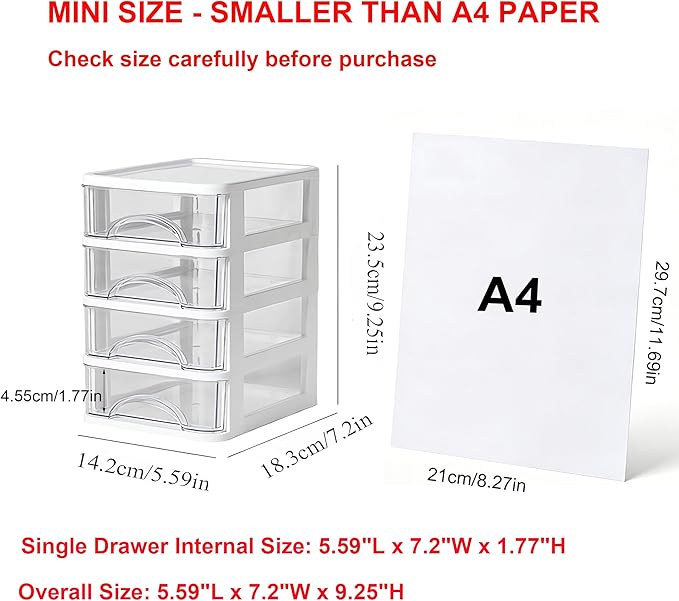 Plastic Desktop Drawer Organizer, Small Clear 4-Tier Storage Drawers, Mini Desk Organizer for Office Stationery Makeup Vanity Supplies
