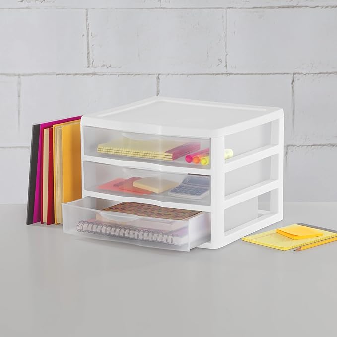 2-Pack Wide 3 Drawer Storage Unit, Clear Plastic Countertop Drawers with Stopper, White Desktop Organizer for Crafts Office Supplies Makeup, Stackable Small Drawer Bin for Bedroom Bathroom