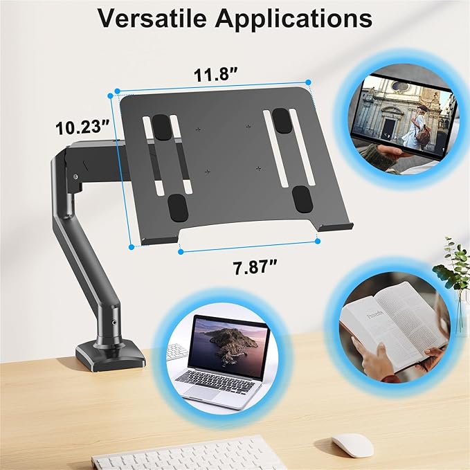 Laptop Stand Desk Mount, 2 in 1 Function, Gas Spring Arm Fits Max 17" Notebook and 32" Computer Screen, Single Monitor Mount with Laptop Tray, Holds up to 17.6lbs