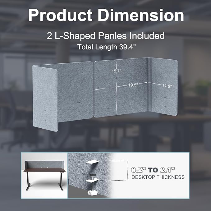 Desk Privacy Panel,2PCS L-Shaped Clamp-On Office Desk Divider,2-in-1 Adjustable Acoustic Desktop Partition Or Under Desk Modesty Panel,for Office,Home,Felt (Grey, 39.4" x 15.7")