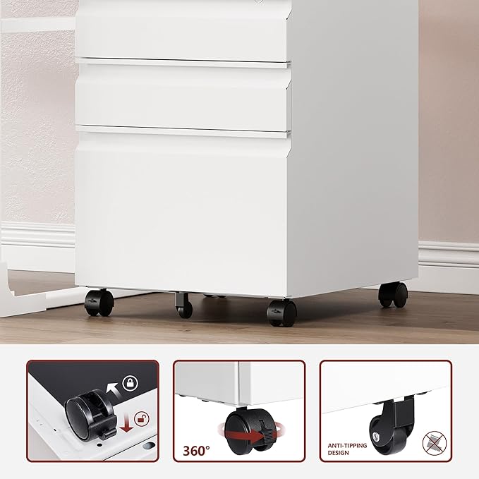 RAVIGIN 3 Drawer File Cabinet，Mobile Filing Cabinet with Lock and Wheels，Fully Assembled Metal Under Desk File Cabinets for A4/Letter/Legal Size（White